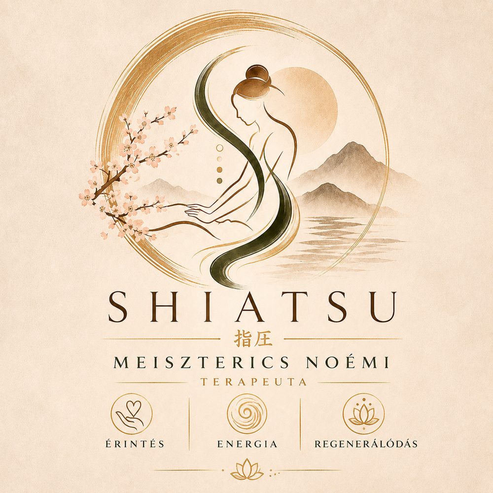 Shiatsu — Meiszterics Noémi terapeuta logója: érintés, energia, regenerálódás